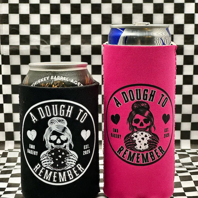 Black and hot pink custom koozies printed with a small bakery's round logo