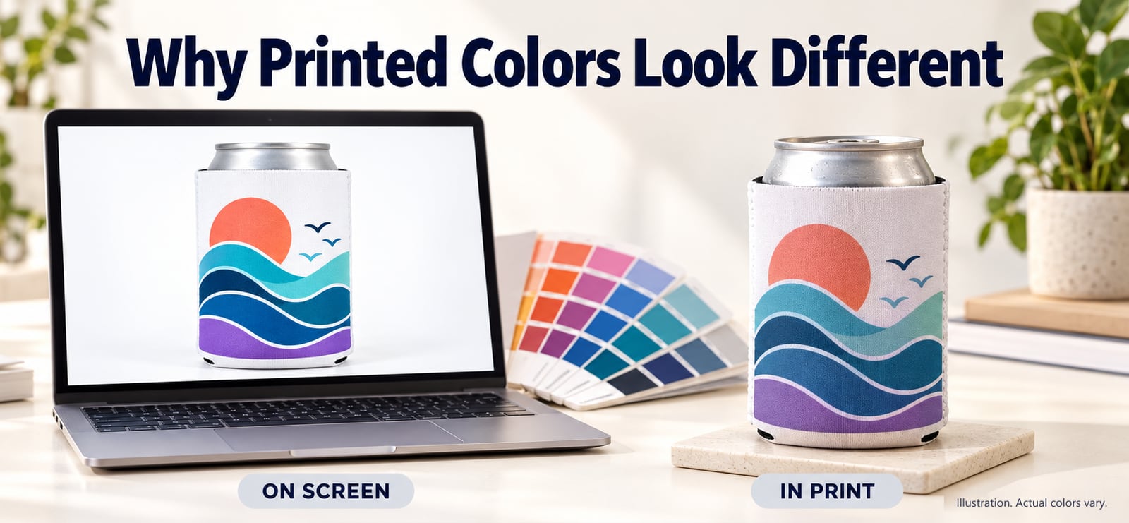 Illustration comparing a sunset-and-wave koozie design on a laptop with softer printed colors