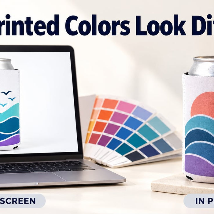 Illustration comparing a sunset-and-wave koozie design on a laptop with softer printed colors