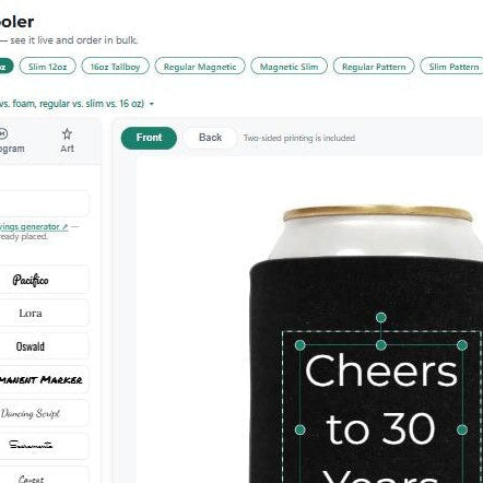 QualityPerfection koozie design tool with text placed on a live mockup