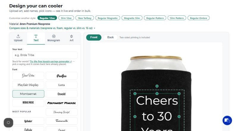 QualityPerfection koozie design tool with text placed on a live mockup