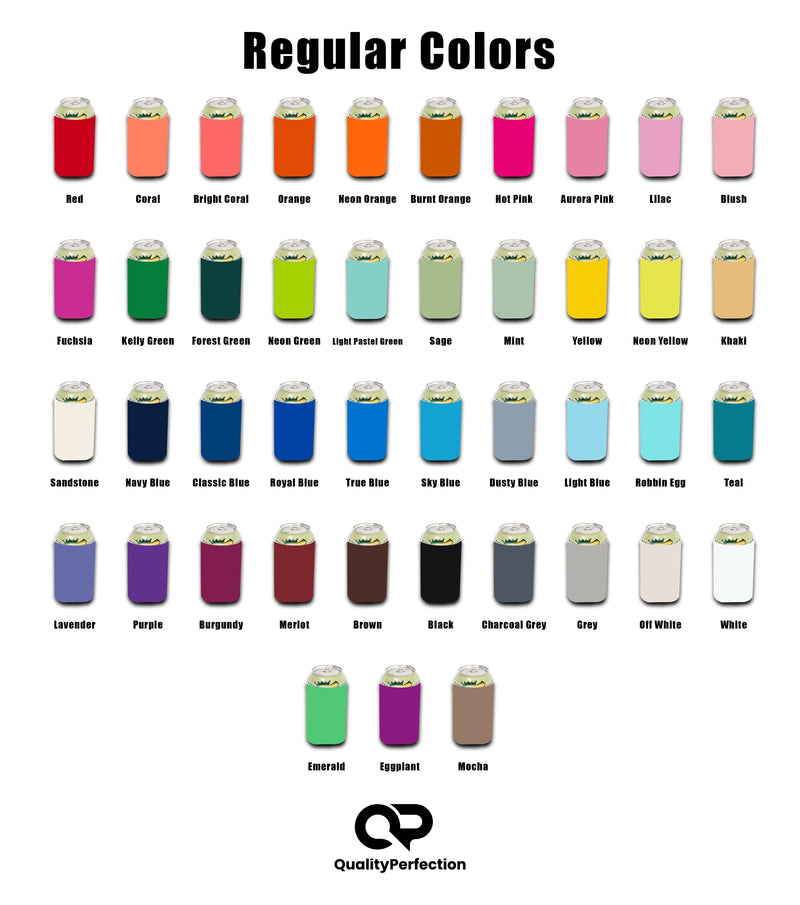 All 52 regular 12 oz neoprene koozie colors you can choose for your sample