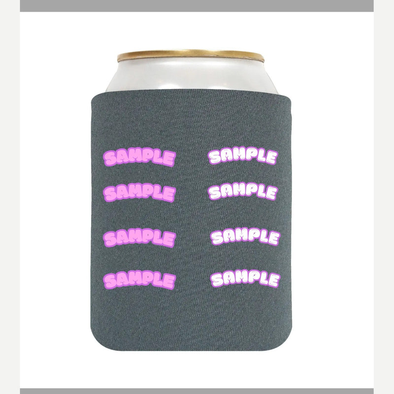 Sample koozie example: grey regular 12 oz neoprene can cooler with the repeated SAMPLE print on one side