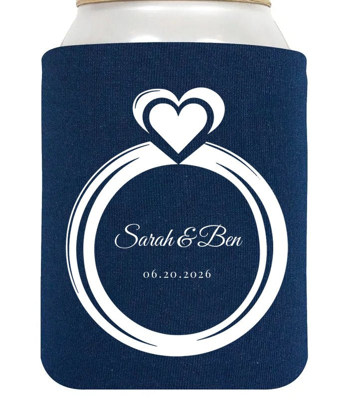 Custom wedding koozie sample: Heart-Top Ring on Navy Blue