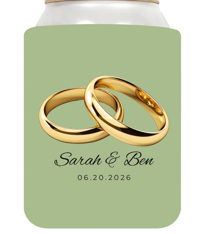 Custom wedding koozie sample: Gold Rings on Sage