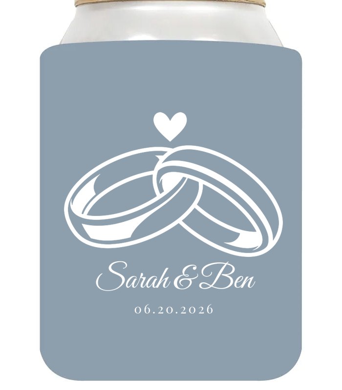 Custom wedding koozie sample: Rings & Heart on Dusty Blue