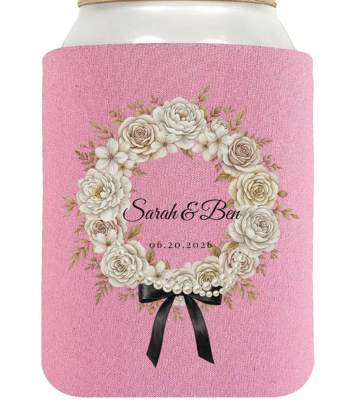 Custom wedding koozie sample: Rose Wreath on Blush