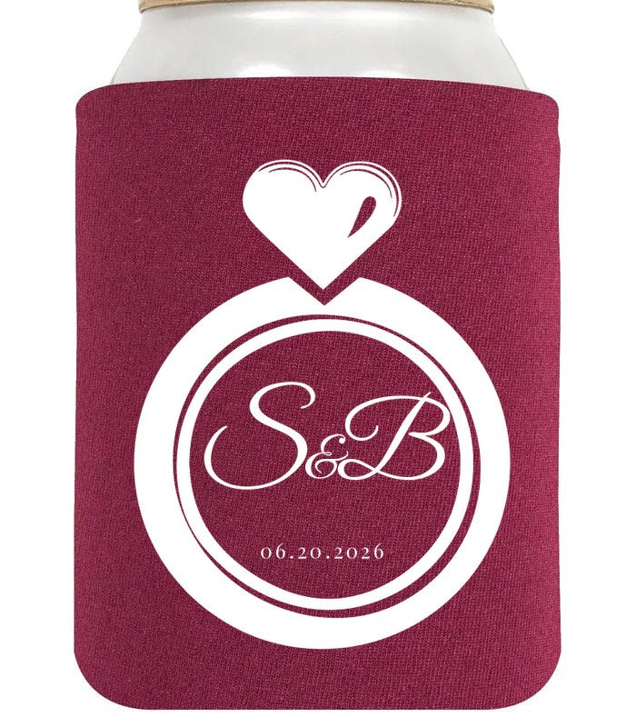 Custom wedding koozie sample: Heart Ring Initials on Burgundy
