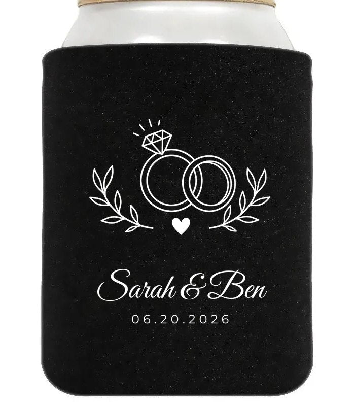 Custom wedding koozie sample: Laurel Rings on Black