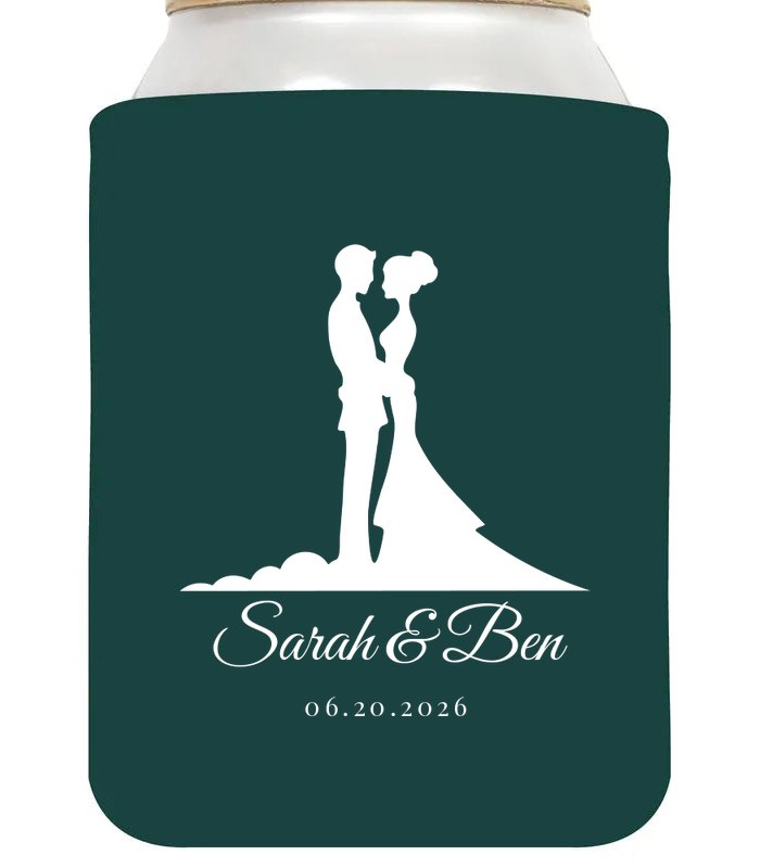 Custom wedding koozie sample: Couple Silhouette on Forest Green