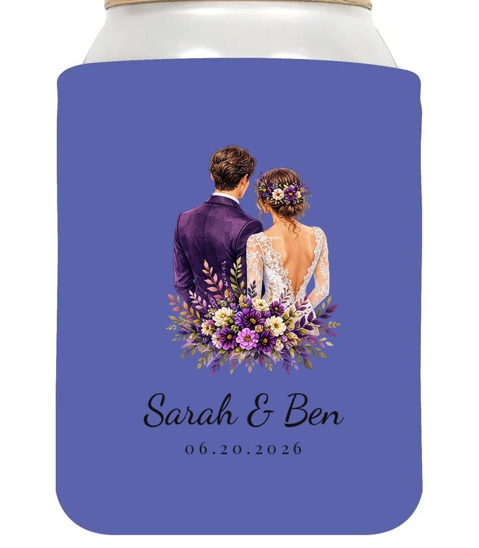 Custom wedding koozie sample: Watercolor Couple on Lavender