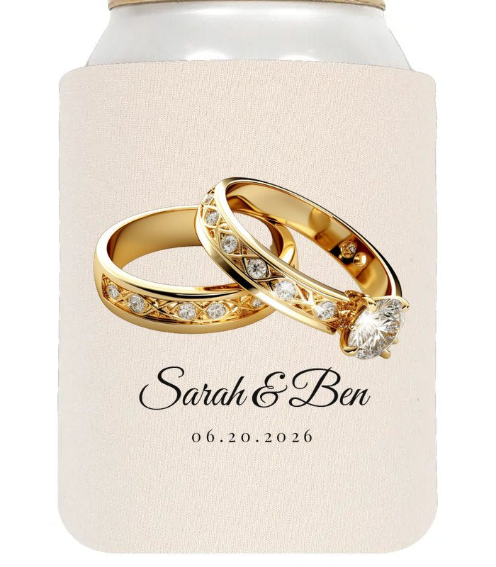 Custom wedding koozie sample: Diamond Gold Rings on Off White