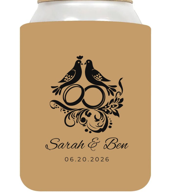 Custom wedding koozie sample: Doves & Rings on Khaki